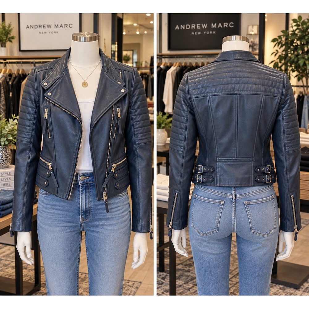 Andrew Marc M82 Navy Genuine Leather Moto Jacket Petite P